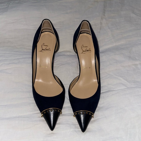 Louboutin Culturella d’Orsy Heels Navy Suede & Leather Tip Gold Stud - Picture 1 of 10